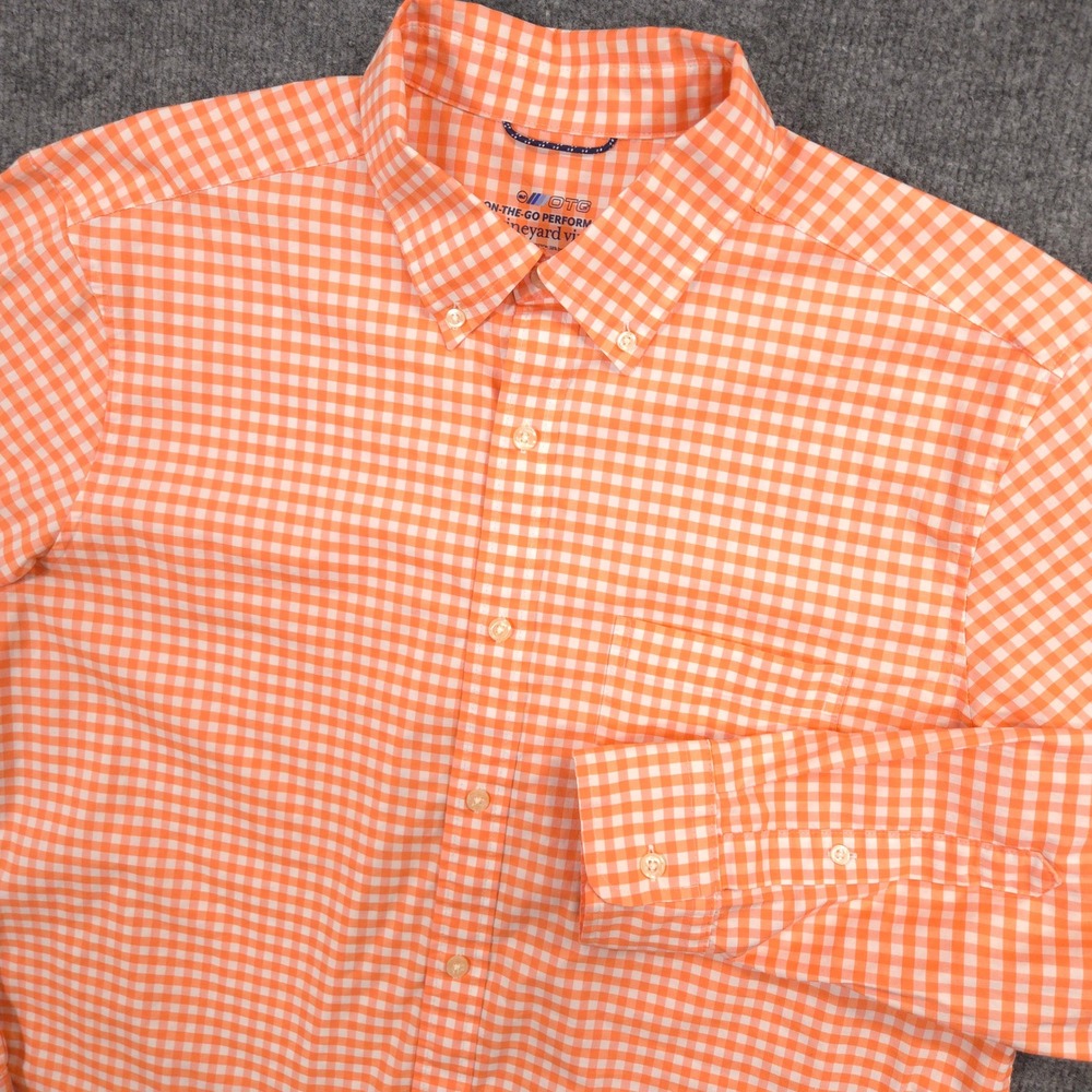 Vineyard Vines On-The-Go Performance Shirt Mens L Orange Gingham OTG Long Sleeve